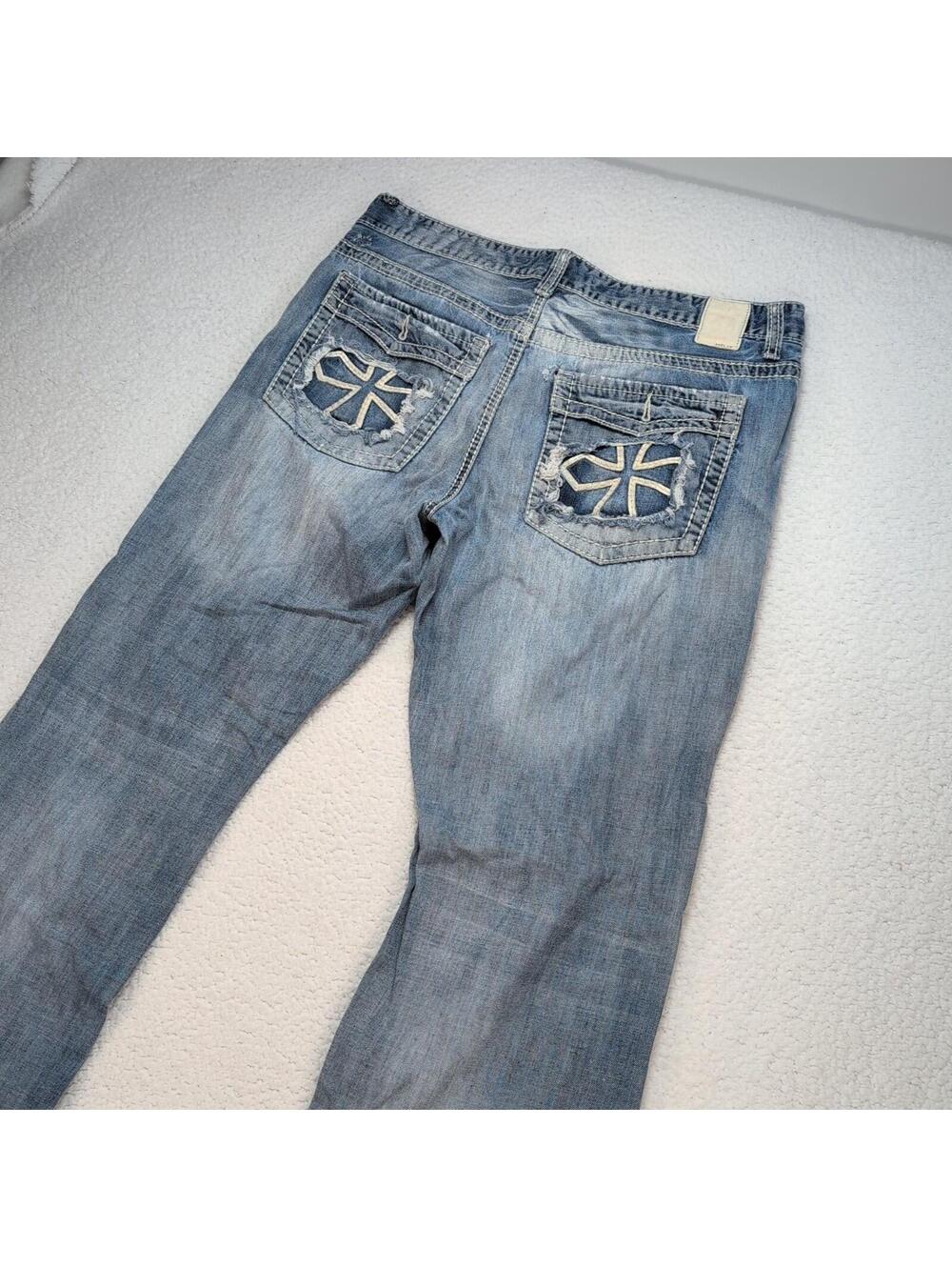Y2K Helix Jeans Mens 36x32 Relaxed Boot Distressed Cross Pockets Blue